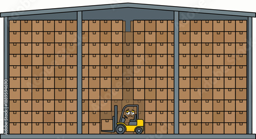 Sad forklift character in a massive warehouse illustration