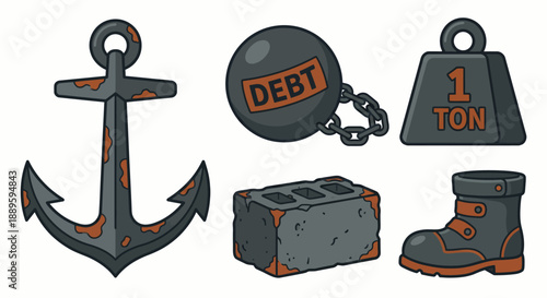 Collection of heavy objects representing debt and burden vector illustration
