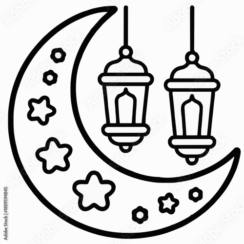 Ramadan crescent moon with stars and traditional hanging lanterns line art icon