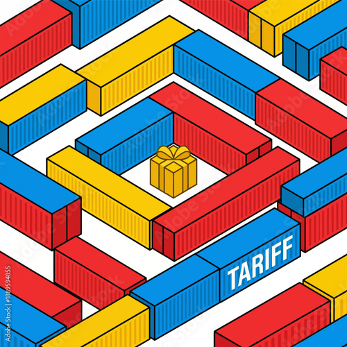 Colorful cargo containers forming a tariff wall around gift box vector illustration