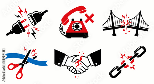 Disconnection and failure icon set for broken links vector illustration