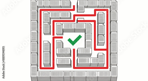 Document maze with red path leading to green checkmark vector illustration