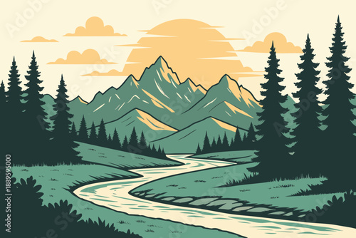 Serene Mountain Valley Sunset Flat Vector Illustration