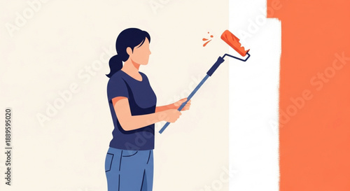 Woman painting a wall with an orange roller home renovation concept with diy interior design