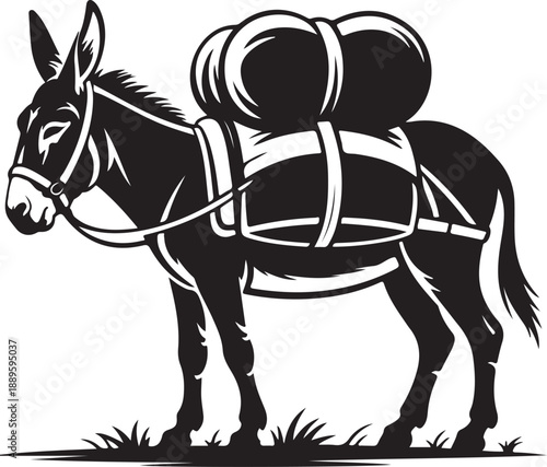 Classic Black and White Donkey with Heavy Pack Load Vector Illustration Icon