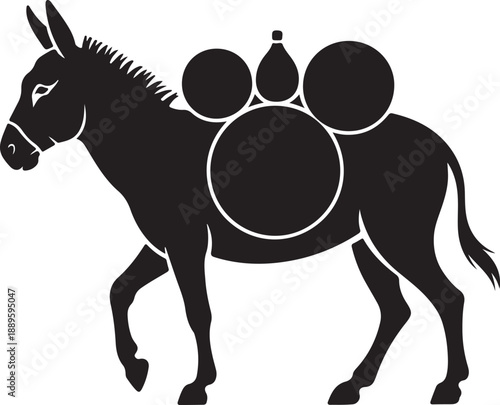 Black and White Donkey Carrying Barrels and Jugs Vector Illustration Icon
