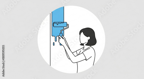 Woman painting wall with blue roller brush home renovation concept diy project interior design