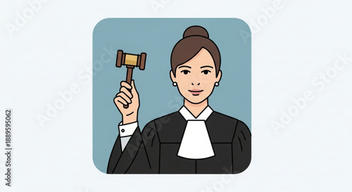 Female judge in black robe holding gavel symbolizing justice and law against blue background
