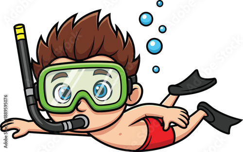 Cute cartoon boy snorkeling illustration, happy child swimmer wearing diving mask and fins underwater, playful kids water sports character design for summer vacation, swimming, ocean fun
