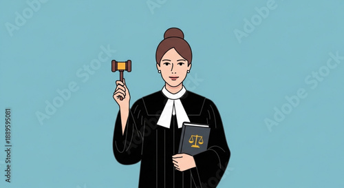 Female judge holding gavel and law book in professional attire standing confidently