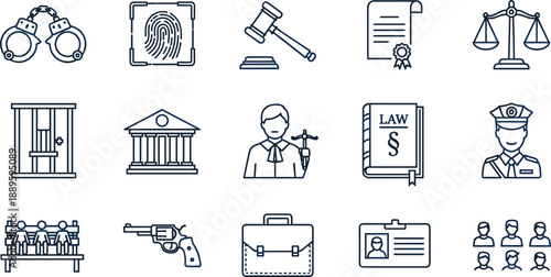 Law and justice line icon set featuring police court legal documents scales prison and crime investigation symbols for legal system and security concepts flat vector illustration