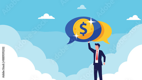 Corporate employee holds up a speech bubble containing a large gold dollar coin to represent a conversation about finance.