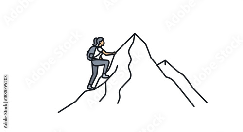 Single line drawing of a hiker climbing a challenging mountain peak with a backpack and trekking poles in a minimalist style