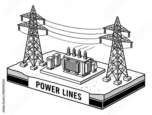 Hand drawn line art illustration of power lines depicting electricity pylons and a transformer for energy infrastructure