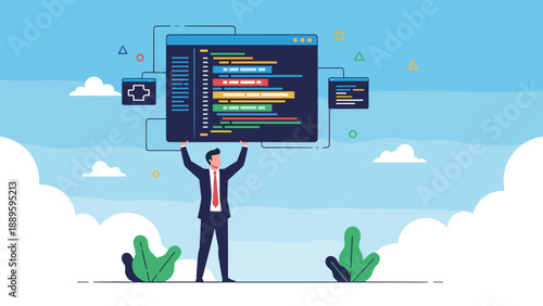 Software developer holds up a large screen displaying lines of code and various window icons to represent application development.