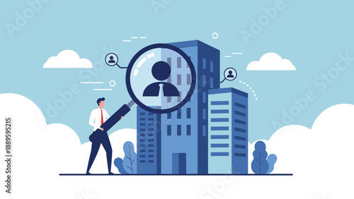 Real estate investor uses a magnifying glass to look at a skyscraper with floating user icons for property management search.
