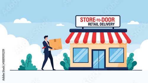 Retail delivery worker in a suit carries a cardboard box toward a store building with a retail delivery sign for logistics.