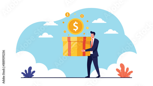 Generous businessman carries a large gold gift box with floating gold dollar coins above it to represent corporate incentives.