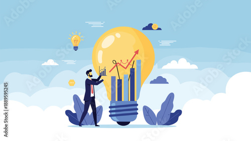 Creative thinker places a small bar chart icon onto a giant lightbulb filled with data charts representing business concepts.