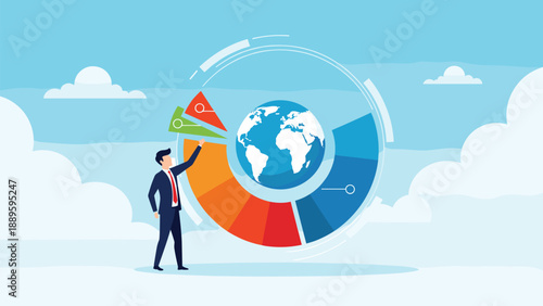 Businessman interacts with a large colorful semi-circular infographic around a globe to represent global data analysis and markets.