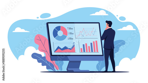 Professional analyst from behind looks at a large computer monitor displaying various colorful data charts for business review.