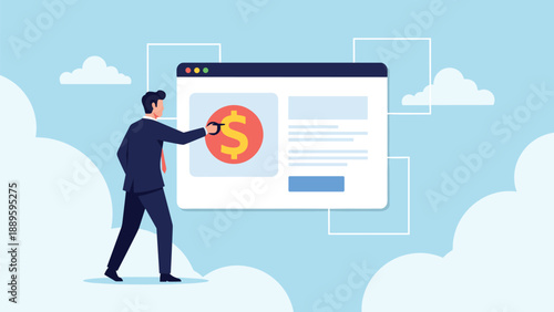 Professional businessman interacting with website interface displaying money symbol and financial data for online business management.
