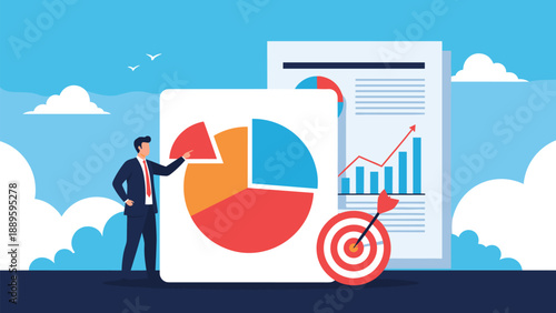 Executive points at a large pie chart on a presentation board with a target and a growth graph to explain a business strategy.