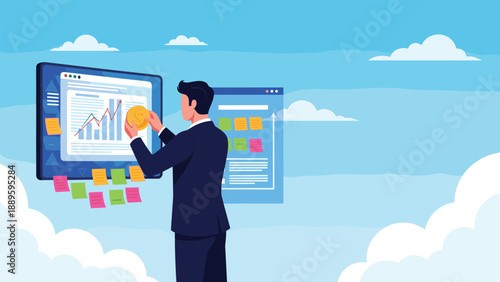 Successful businessman analyzing financial charts and sticky notes on large digital board for project planning and strategy development.
