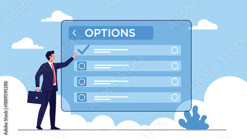 Businessman choosing option from digital checklist on large interactive display screen against blue sky with white clouds background.