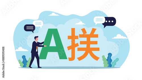 Businessman pushing together large green letter A and orange character for language translation or cultural bridge.
