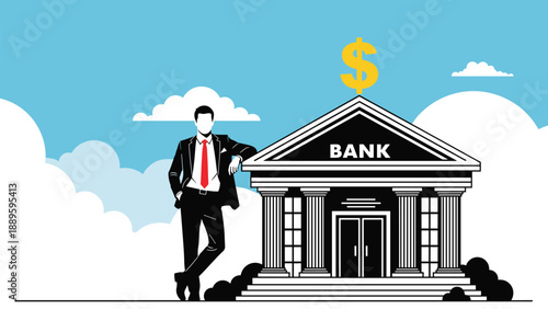 Professional businessman leaning on classic black and white bank building with gold dollar symbol on roof for finance.