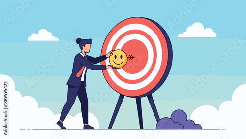 Professional businesswoman placing yellow smiley face emoji in center of red bullseye target for high customer satisfaction score.