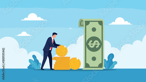 Businessman stacking gold coins next to huge vertical dollar bill representing financial growth and wealth accumulation.
