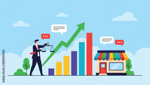 Businessman holding justice scales next to colorful sales growth chart and retail store building for fair business.