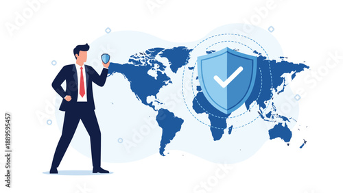 Secure businessman holding small shield while standing in front of world map with large protected shield symbol.