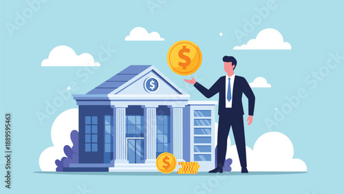 Businessman holding giant gold dollar coin in palm next to bank building and stacks of money for financial success.