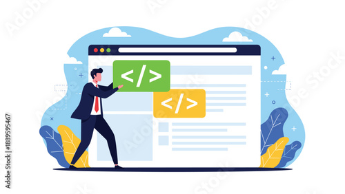 Professional developer businessman arranging coding symbols on web browser screen for software and website development.