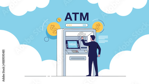 Businessman using modern white ATM machine to withdraw cash with dollar coins and loading bar icons in sky background.