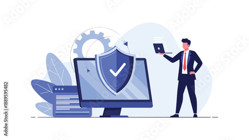 Tech professional businessman with laptop managing online security on computer screen with shield icon and gears.