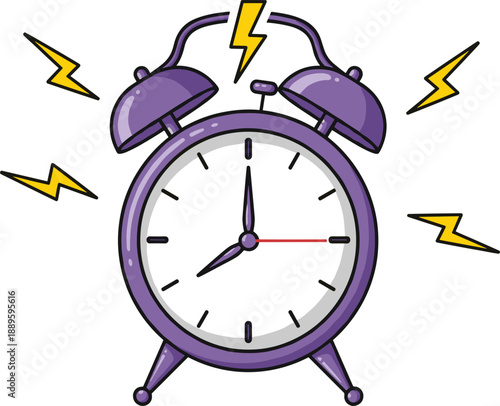 Ringing alarm clock with lightning bolts symbolizing urgency wake up reminder punctuality time management and morning routine flat vector illustration