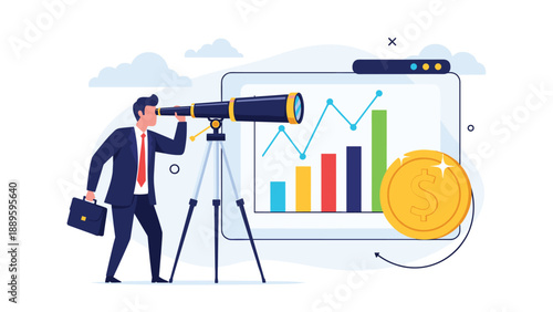 Strategic manager uses a telescope to forecast future market trends and analyze financial data for long-term corporate success.