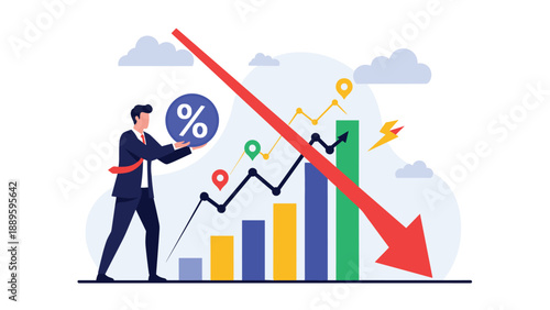 Financial expert monitors a sharp decline in market performance and interest rates while holding a percentage symbol during a crisis.