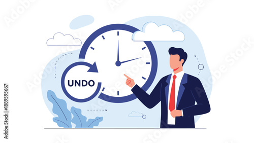 Focused professional points to an undo symbol and a clock to represent the ability to revert changes and manage time-sensitive tasks.