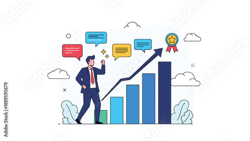 Accomplished businessman celebrates reaching a significant milestone with a growth chart and a medal representing excellence in work.