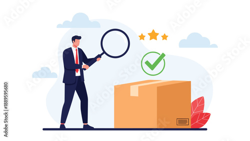 Quality control inspector examines a delivery box with a magnifying glass to ensure product standards and customer satisfaction levels.