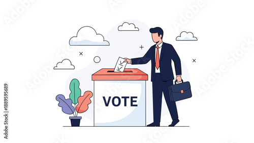 Responsible citizen in a business suit participates in a democratic process by casting a vote into a ballot box to influence outcomes.