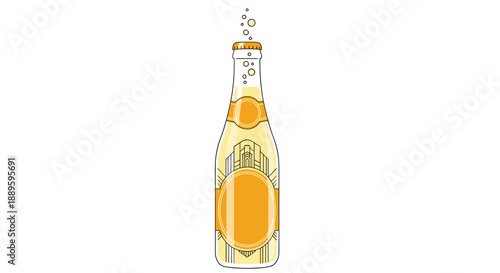 Illustration of a sparkling lemonade bottle with bubbles rising, isolated on a white background, showcasing vibrant citrus colors and a minimalist design
