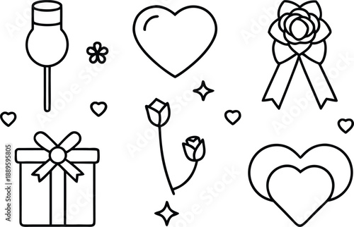 Collection of romantic symbols: hearts, roses, gift, and lollipop