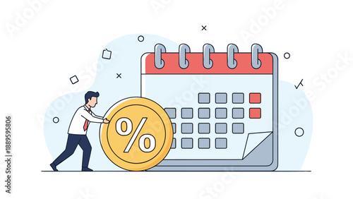 Diligent businessman pushes a large percentage coin toward a calendar icon to illustrate interest rates, savings, and financial deadlines.