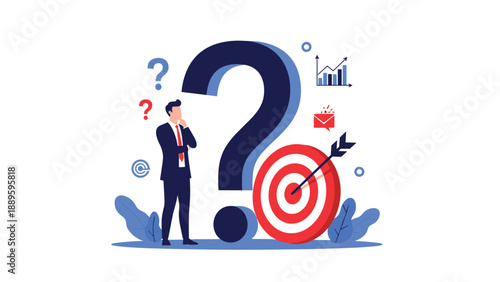Confused business professional stands next to a giant question mark and a target with an arrow to represent uncertainty in strategic goals.
